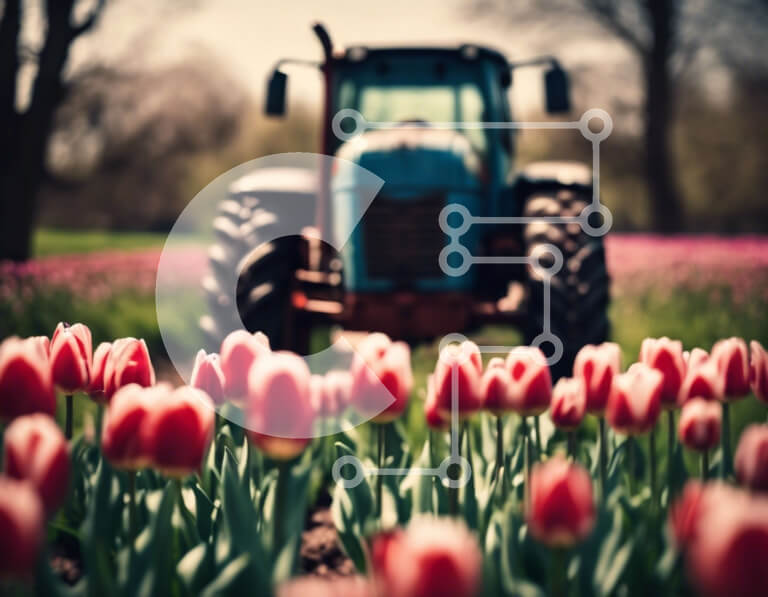 Intra Συλλεκτικό Ξύλινο Παζλ Plywood  4mm - Μπλε τρακτέρ στο ροζ πεδίο τουλίπας Σε Ξύλινο Κουτί - Διαστάσεις: 10x10 cm – 25 κομμάτια