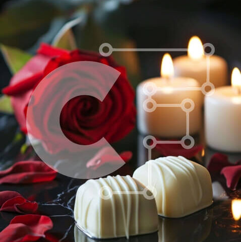 Intra Συλλεκτικό Ξύλινο Παζλ Plywood  4mm - Ρομαντικό σκηνικό με λευκές σοκολάτες, κόκκινο τριαντάφυλλο και κεριά Σε Ξύλινο Κουτί - Διαστάσεις Puzzle: 10x10 cm – 25 κομμάτια - Image 1