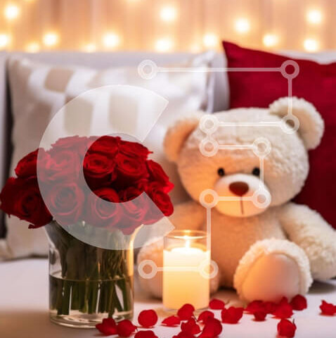 Intra Συλλεκτικό Ξύλινο Παζλ Plywood  4mm - Ρομαντικό αρκουδάκι με κόκκινα τριαντάφυλλα σε καναπέ Σε Ξύλινο Κουτί - Διαστάσεις Puzzle: 10x10 cm – 25 κομμάτια - Image 1