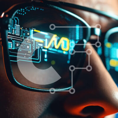 Intra Συλλεκτικό Ξύλινο Παζλ Plywood  4mm - Άνθρωπος που φοράει γυαλιά με ηλεκτρονικό κύκλωμα που εμφανίζεται στους φακούς Σε Ξύλινο Κουτί - Διαστάσεις Puzzle: 10x10 cm – 25 κομμάτια - Image 1