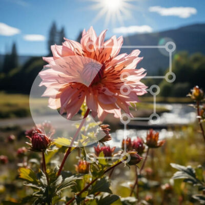 Intra Συλλεκτικό Ξύλινο Παζλ Plywood  4mm - Όμορφη εικόνα του ροζ λουλουδιού στο χωράφι με φόντο το μαγευτικό βουνό Σε Ξύλινο Κουτί - Διαστάσεις: 10x10 cm – 25 κομμάτια - Image 1