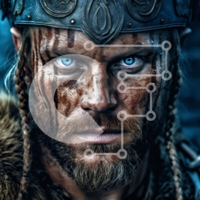 Intra Συλλεκτικό Ξύλινο Παζλ Plywood  4mm - Σοβαρός πολεμιστής Βίκινγκ με μπλε μάτια, μακριά μαλλιά και γενειάδα Σε Ξύλινο Κουτί - Διαστάσεις Puzzle: 10x10 cm – 25 κομμάτια - Image 1