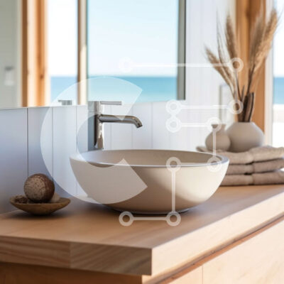 Intra Συλλεκτικό Ξύλινο Παζλ Plywood 4mm - Όμορφο μοντέρνο μπάνιο με θέα στον ωκεανό και νιπτήρα από φυσικό ξύλο Σε Ξύλινο Κουτί - Διαστάσεις Puzzle: 10x10 cm – 25 κομμάτια - Image 1