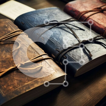 Intra Συλλεκτικό Ξύλινο Παζλ Plywood  4mm - Στοίβα από δερματόδετα βιβλία σε ξύλινο τραπέζι Σε Ξύλινο Κουτί - Διαστάσεις Puzzle: 10x10 cm – 25 κομμάτια - Image 1