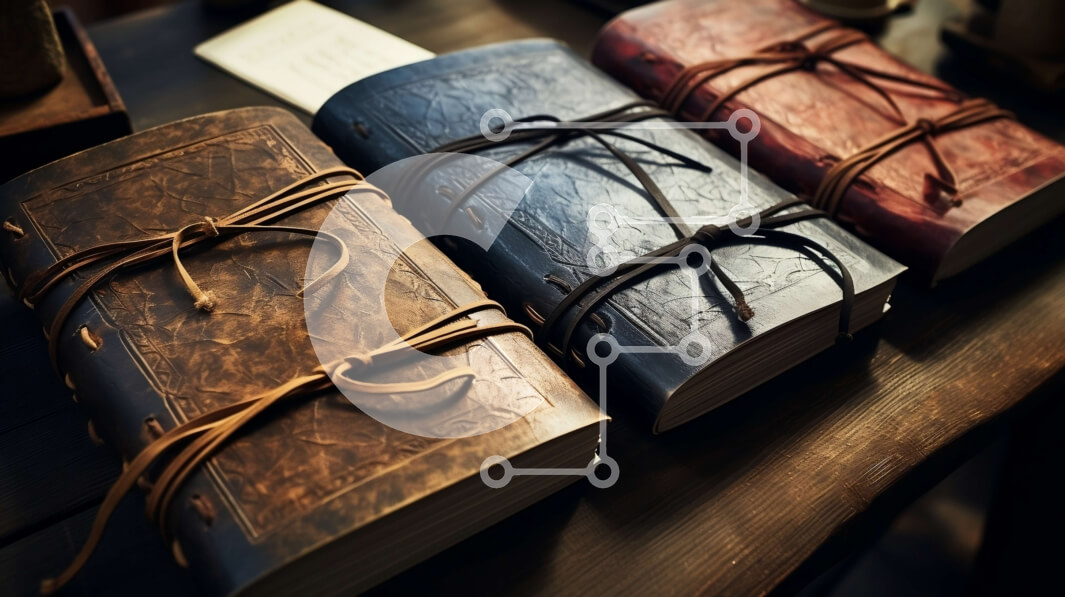 Intra Συλλεκτικό Ξύλινο Παζλ Plywood  4mm - Στοίβα από δερματόδετα βιβλία σε ξύλινο τραπέζι Σε Ξύλινο Κουτί - Διαστάσεις Puzzle: 10x10 cm – 25 κομμάτια