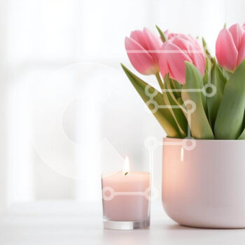 Intra Συλλεκτικό Ξύλινο Παζλ Plywood  4mm - Ροζ τουλίπες σε λευκό βάζο με κεριά Σε Ξύλινο Κουτί - Διαστάσεις Puzzle: 10x10 cm – 25 κομμάτια - Image 1