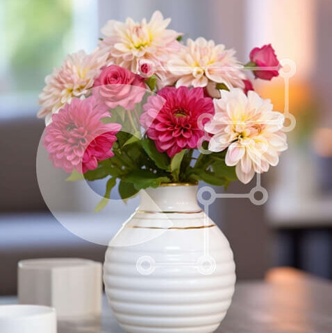 Intra Συλλεκτικό Ξύλινο Παζλ Plywood  4mm - Σαλόνι με ροζ και λευκά λουλούδια σε βάζο Σε Ξύλινο Κουτί - Διαστάσεις Puzzle: 10x10 cm – 25 κομμάτια - Image 1