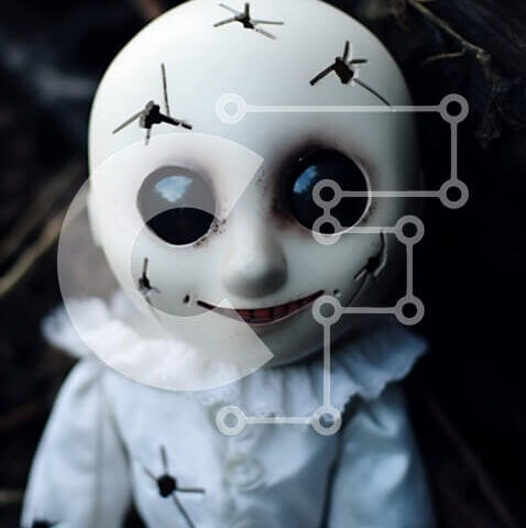 Intra Συλλεκτικό Ξύλινο Παζλ Plywood  4mm - Ανατριχιαστική κούκλα με τρύπες σε πρόσωπο και σώμα Σε Ξύλινο Κουτί - Διαστάσεις Puzzle: 10x10 cm – 25 κομμάτια - Image 1