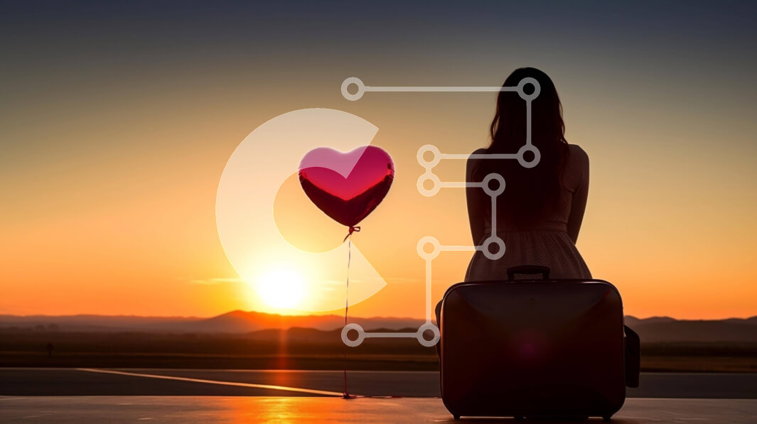 Intra Συλλεκτικό Ξύλινο Παζλ Plywood  4mm - Γυναίκα με βαλίτσα και μπαλόνι σε σχήμα καρδιάς βλέποντας το ηλιοβασίλεμα Σε Ξύλινο Κουτί - Διαστάσεις Puzzle: 10x10 cm – 25 κομμάτια