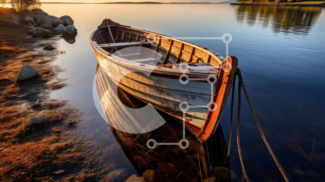 Intra Συλλεκτικό Ξύλινο Παζλ Plywood  4mm - Ειρηνική σκηνή ηλιοβασιλέματος μιας παλιάς ξύλινης βάρκας σε μια ήρεμη λίμνη Σε Ξύλινο Κουτί - Διαστάσεις: 10x10 cm – 25 κομμάτια