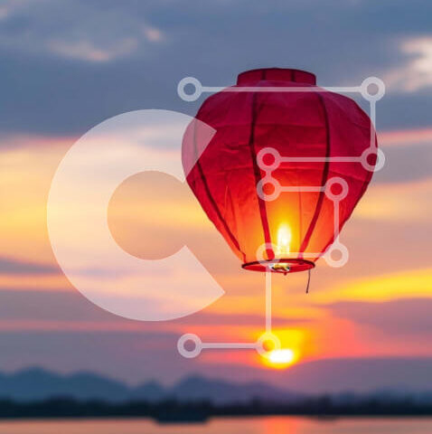 Intra Συλλεκτικό Ξύλινο Παζλ Plywood  4mm - Κόκκινο χάρτινο φανάρι που επιπλέει πάνω από το νερό στο ηλιοβασίλεμα Σε Ξύλινο Κουτί - Διαστάσεις Puzzle: 10x10 cm – 25 κομμάτια - Image 1