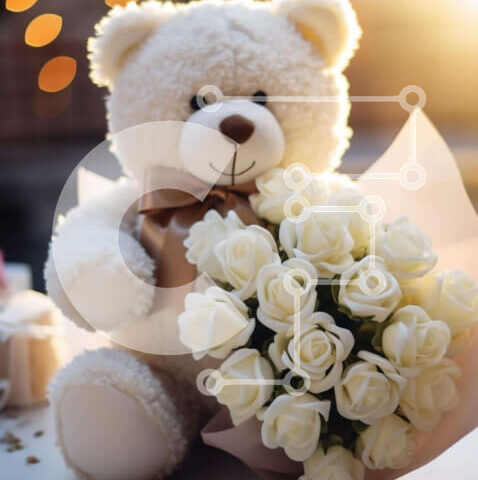 Intra Συλλεκτικό Ξύλινο Παζλ Plywood 4mm - Λευκό αρκουδάκι με τριαντάφυλλα σε ένα τραπέζι Σε Ξύλινο Κουτί - Διαστάσεις Puzzle: 10x10 cm – 25 κομμάτια - Image 1