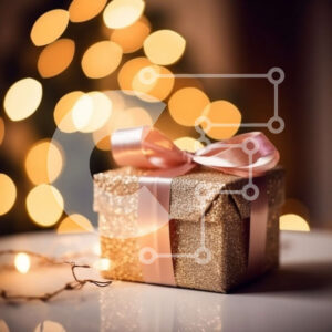 Intra Συλλεκτικό Ξύλινο Παζλ Plywood  4mm - Όμορφη εικόνα ενός χρυσού κουτιού δώρου με ροζ φιόγκο σε φόντο χριστουγεννιάτικο δέντρο Σε Ξύλινο Κουτί - Διαστάσεις: 10x10 cm – 25 κομμάτια