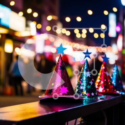 Intra Συλλεκτικό Ξύλινο Παζλ Plywood  4mm - Πολύχρωμα καπέλα πάρτι σε έναν ξύλινο πάγκο σε έναν αστικό δρόμο τη νύχτα Σε Ξύλινο Κουτί - Διαστάσεις Puzzle: 10x10 cm – 25 κομμάτια - Image 1