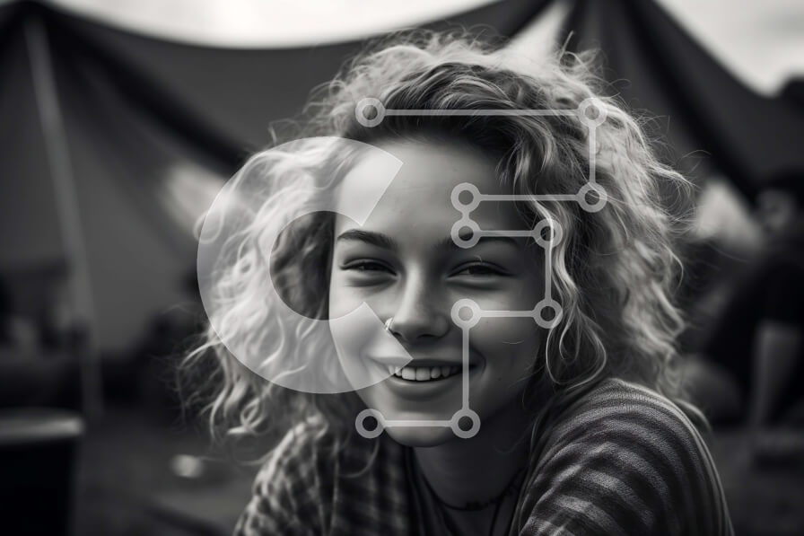 Intra Συλλεκτικό Ξύλινο Παζλ Plywood  4mm - Ευτυχισμένη γυναίκα που ποζάρει μπροστά από μια ομάδα σκηνών Σε Ξύλινο Κουτί - Διαστάσεις Puzzle: 10x10 cm – 25 κομμάτια