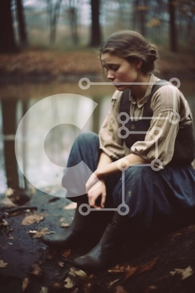 Intra Συλλεκτικό Ξύλινο Παζλ Plywood  4mm - Λυπημένη νεαρή γυναίκα που κάθεται δίπλα στο ποτάμι με καφέ φόρεμα και μπότες Σε Ξύλινο Κουτί - Διαστάσεις Puzzle: 10x10 cm – 25 κομμάτια