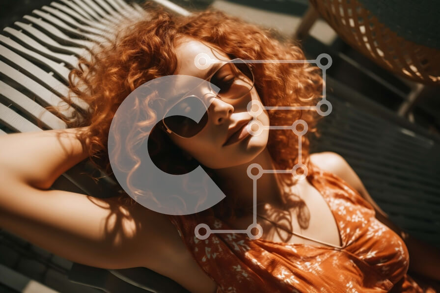 Intra Συλλεκτικό Ξύλινο Παζλ Plywood  4mm - Κομψή κοκκινομάλλα γυναίκα που χαλαρώνει σε εξωτερικούς χώρους Σε Ξύλινο Κουτί - Διαστάσεις Puzzle: 10x10 cm – 25 κομμάτια