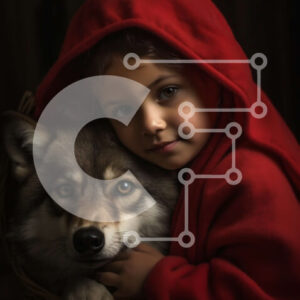 Intra Συλλεκτικό Ξύλινο Παζλ Plywood  4mm - Απόκοσμη εικόνα νεαρού κοριτσιού που αγκαλιάζει τον λύκο στο σκοτεινό δάσος Σε Ξύλινο Κουτί - Διαστάσεις Puzzle: 10x10 cm – 25 κομμάτια