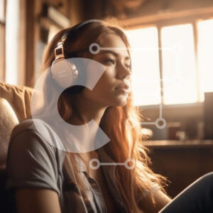 Intra Συλλεκτικό Ξύλινο Παζλ Plywood  4mm - Γυναίκα με μαύρο πουλόβερ και κολάν κάθεται στον καναπέ με ακουστικά σε χαμηλό φωτισμένο δωμάτιο Σε Ξύλινο Κουτί - Διαστάσεις Puzzle: 10x10 cm – 25 κομμάτια