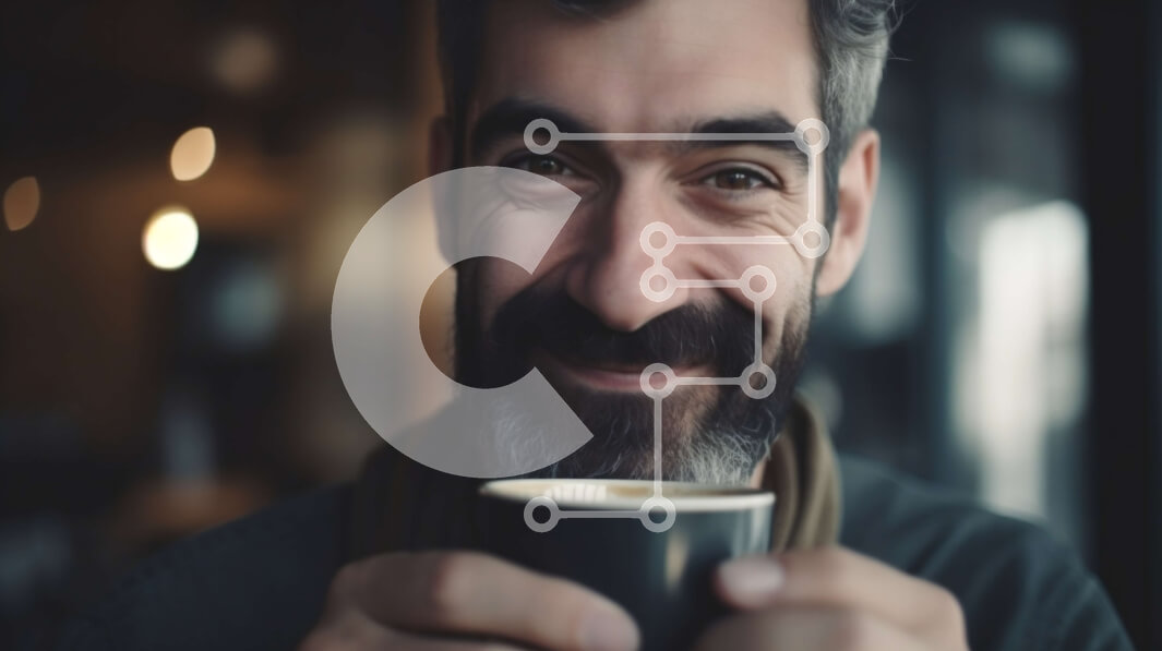 Intra Συλλεκτικό Ξύλινο Παζλ Plywood  4mm - Ευτυχισμένος άνδρας με γένια και ποτήρια που κρατά ζεστό φλιτζάνι καφέ Σε Ξύλινο Κουτί - Διαστάσεις Puzzle: 10x10 cm – 25 κομμάτια