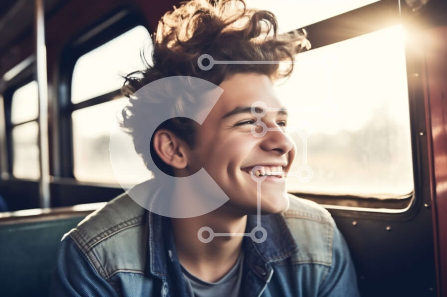 Intra Συλλεκτικό Ξύλινο Παζλ Plywood  4mm - Ευτυχισμένος νεαρός άνδρας στο τρένο που κοιτάζει έξω από το παράθυρο Σε Ξύλινο Κουτί - Διαστάσεις Puzzle: 10x10 cm – 25 κομμάτια