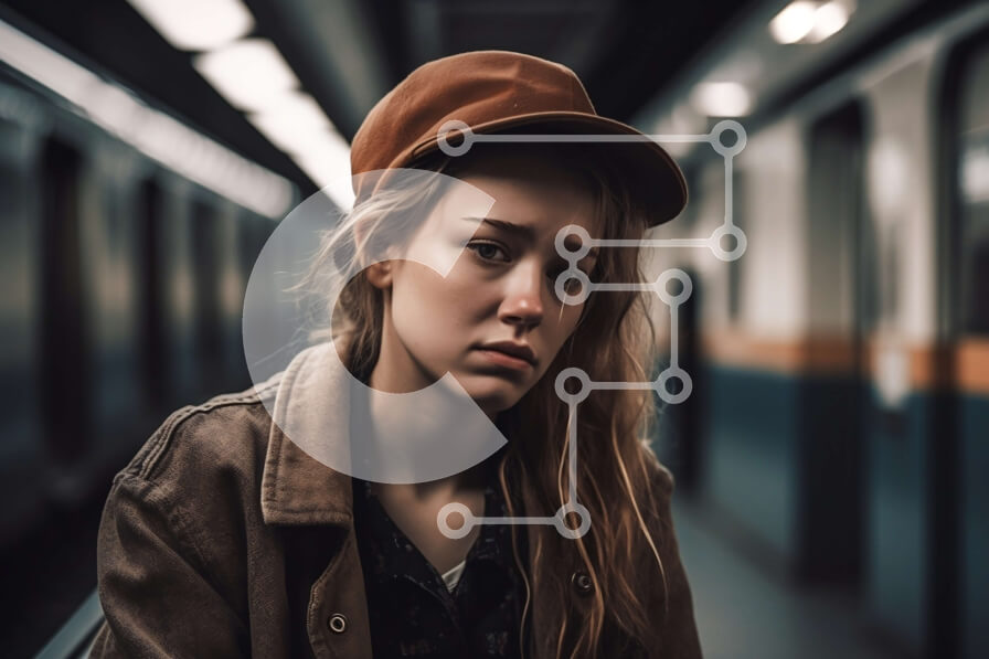 Intra Συλλεκτικό Ξύλινο Παζλ Plywood  4mm - Λυπημένη γυναίκα στην πλατφόρμα του μετρό Σε Ξύλινο Κουτί - Διαστάσεις Puzzle: 10x10 cm – 25 κομμάτια