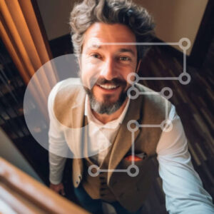 Intra Συλλεκτικό Ξύλινο Παζλ Plywood  4mm - Επαγγελματίας άνδρας με γιλέκο και γραβάτα που χαμογελά στη σκάλα Σε Ξύλινο Κουτί - Διαστάσεις Puzzle: 10x10 cm – 25 κομμάτια