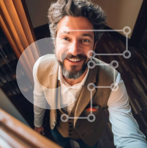 Intra Συλλεκτικό Ξύλινο Παζλ Plywood  4mm - Επαγγελματίας άνδρας με γιλέκο και γραβάτα που χαμογελά στη σκάλα Σε Ξύλινο Κουτί - Διαστάσεις Puzzle: 10x10 cm – 25 κομμάτια - Image 1