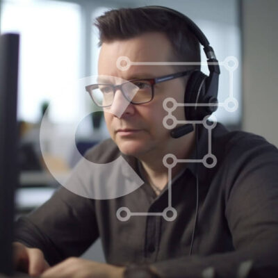 Intra Συλλεκτικό Ξύλινο Παζλ Plywood  4mm - Επιχειρηματίας που φορά τα ακουστικά και εργάζεται στο γραφείο Σε Ξύλινο Κουτί - Διαστάσεις Puzzle: 10x10 cm – 25 κομμάτια - Image 1