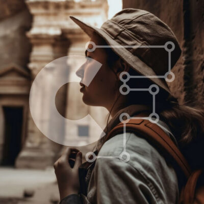 Intra Συλλεκτικό Ξύλινο Παζλ Plywood 4mm - Γυναίκα που στέκεται μπροστά από ένα αρχαίο κτήριο με πέτρινη αψίδα Σε Ξύλινο Κουτί - Διαστάσεις Puzzle: 10x10 cm – 25 κομμάτια - Image 1