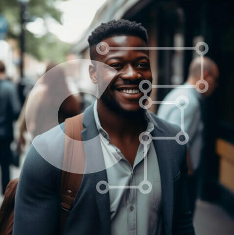 Intra Συλλεκτικό Ξύλινο Παζλ Plywood  4mm - Ευτυχισμένος αφροαμερικανός άνδρας με κοστούμι που περπατά στην πολυσύχναστη οδό της πόλης Σε Ξύλινο Κουτί - Διαστάσεις Puzzle: 10x10 cm – 25 κομμάτια - Image 1