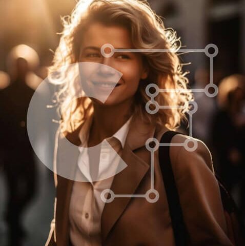 Intra Συλλεκτικό Ξύλινο Παζλ Plywood 4mm - Όμορφη εικόνα μιας γυναίκας που χαμογελά σε έναν πολυσύχναστο δρόμο κατά τη διάρκεια του ηλιοβασιλέματος Σε Ξύλινο Κουτί - Διαστάσεις Puzzle: 10x10 cm – 25 κομμάτια - Image 1