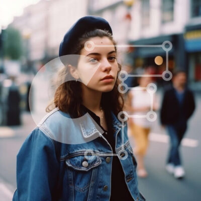 Intra Συλλεκτικό Ξύλινο Παζλ Plywood  4mm - Κομψή γυναίκα με τζιν μπουφάν και μπλε μπερέ που κοιτάζει στην απόσταση Σε Ξύλινο Κουτί - Διαστάσεις Puzzle: 10x10 cm – 25 κομμάτια - Image 1