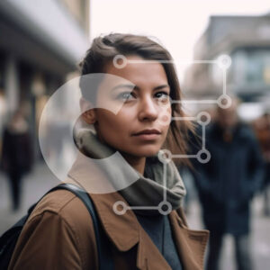 Intra Συλλεκτικό Ξύλινο Παζλ Plywood  4mm - Όμορφη εικόνα μιας στοχαστικής νεαρής γυναίκας σε έναν πολυσύχναστο δρόμο της πόλης Σε Ξύλινο Κουτί - Διαστάσεις Puzzle: 10x10 cm – 25 κομμάτια