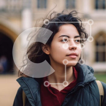 Intra Συλλεκτικό Ξύλινο Παζλ Plywood  4mm - Κομψή γυναίκα με μαύρο σακάκι και κασκόλ που στέκεται μπροστά από το όμορφο κτίριο Σε Ξύλινο Κουτί - Διαστάσεις Puzzle: 10x10 cm – 25 κομμάτια - Image 1