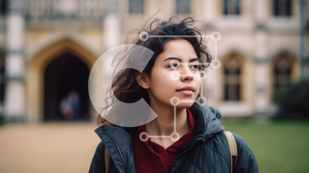 Intra Συλλεκτικό Ξύλινο Παζλ Plywood  4mm - Κομψή γυναίκα με μαύρο σακάκι και κασκόλ που στέκεται μπροστά από το όμορφο κτίριο Σε Ξύλινο Κουτί - Διαστάσεις Puzzle: 10x10 cm – 25 κομμάτια