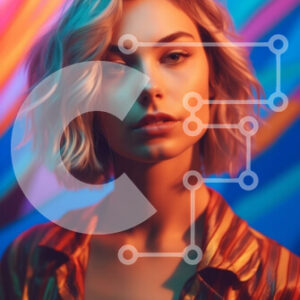 Intra Συλλεκτικό Ξύλινο Παζλ Plywood  4mm - Όμορφη εικόνα μιας ξανθιάς γυναίκας με ριγέ πουκάμισο μπροστά από πολύχρωμο φόντο Σε Ξύλινο Κουτί - Διαστάσεις Puzzle: 10x10 cm – 25 κομμάτια