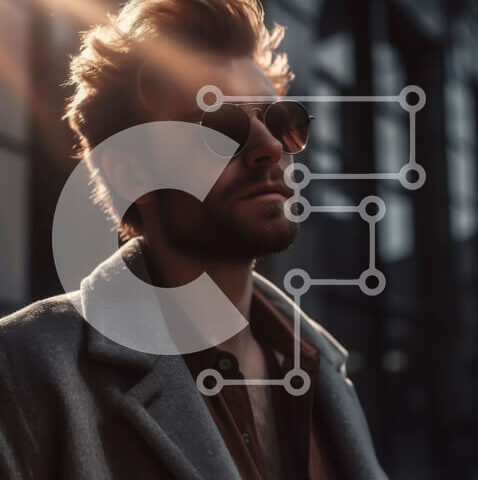 Intra Συλλεκτικό Ξύλινο Παζλ Plywood  4mm - Κομψός άνδρας με γκρι παλτό και γυαλιά ηλίου που απολαμβάνει το ηλιοβασίλεμα στην City Street Σε Ξύλινο Κουτί - Διαστάσεις Puzzle: 10x10 cm – 25 κομμάτια - Image 1