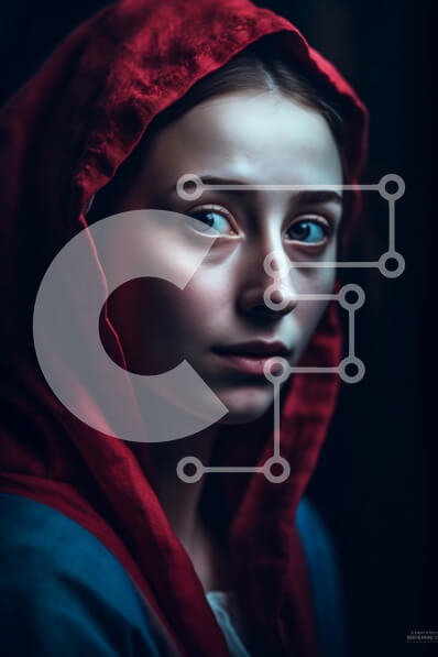 Intra Συλλεκτικό Ξύλινο Παζλ Plywood  4mm - Πορτρέτο μιας γυναίκας με κόκκινο μανδύα με κουκούλα και μπλε μάτια Σε Ξύλινο Κουτί - Διαστάσεις Puzzle: 10x10 cm – 25 κομμάτια