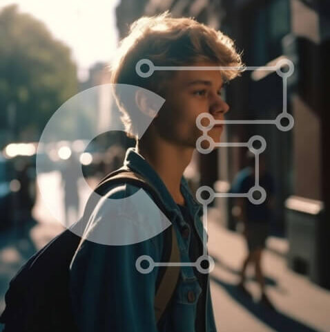 Intra Συλλεκτικό Ξύλινο Παζλ Plywood  4mm - Σοβαρός νεαρός άνδρας στην οδό της πόλης στο ηλιοβασίλεμα - φωτογραφία αρχείου Σε Ξύλινο Κουτί - Διαστάσεις Puzzle: 10x10 cm – 25 κομμάτια - Image 1