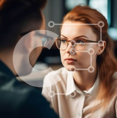 Intra Συλλεκτικό Ξύλινο Παζλ Plywood 4mm - Σοβαρή συνομιλία μεταξύ νεαρής γυναίκας και άνδρα σε αμυδρά φωτισμένο δωμάτιο Σε Ξύλινο Κουτί - Διαστάσεις Puzzle: 10x10 cm – 25 κομμάτια - Image 1