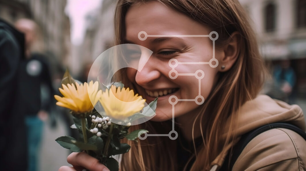 Intra Συλλεκτικό Ξύλινο Παζλ Plywood  4mm - Ευτυχισμένη γυναίκα που κρατά ένα μπουκέτο με κίτρινα λουλούδια σε μια πολυσύχναστη οδό της πόλης Σε Ξύλινο Κουτί - Διαστάσεις Puzzle: 10x10 cm – 25 κομμάτια