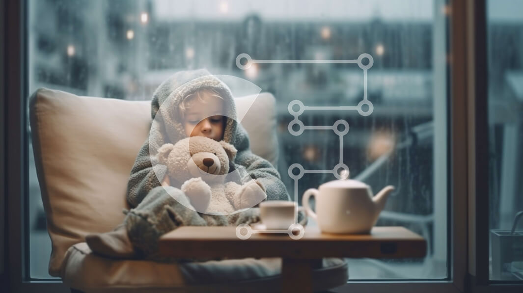 Intra Συλλεκτικό Ξύλινο Παζλ Plywood  4mm - Αξιολάτρευτη εικόνα του παιδιού με στολή αρκουδάκι μια βροχερή μέρα Σε Ξύλινο Κουτί - Διαστάσεις Puzzle: 10x10 cm – 25 κομμάτια