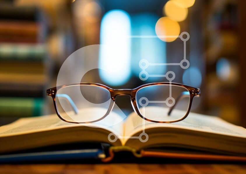 Intra Συλλεκτικό Ξύλινο Παζλ Plywood  4mm - Γυαλιά σε ανοιχτό φόντο βιβλίου Σε Ξύλινο Κουτί - Διαστάσεις Puzzle: 10x10 cm – 25 κομμάτια