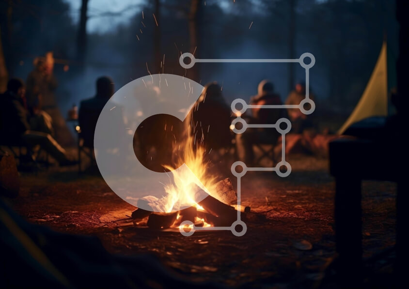 Intra Συλλεκτικό Ξύλινο Παζλ Plywood  4mm - Ομάδα ανθρώπων που κάθονται γύρω από μια φωτιά στο δάσος Σε Ξύλινο Κουτί - Διαστάσεις Puzzle: 10x10 cm – 25 κομμάτια