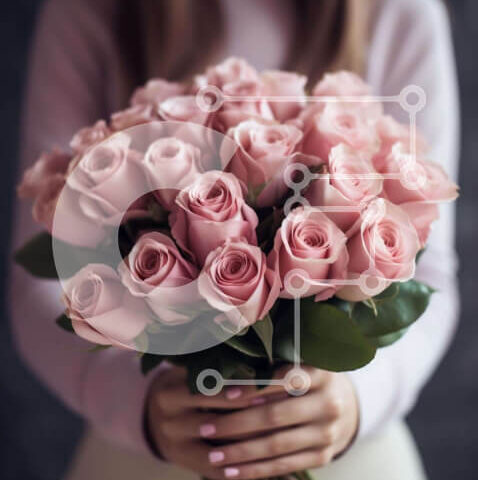 Intra Συλλεκτικό Ξύλινο Παζλ Plywood  4mm - Γυναίκα που κρατά μπουκέτο με ροζ τριαντάφυλλα Σε Ξύλινο Κουτί - Διαστάσεις Puzzle: 10x10 cm – 25 κομμάτια - Image 1