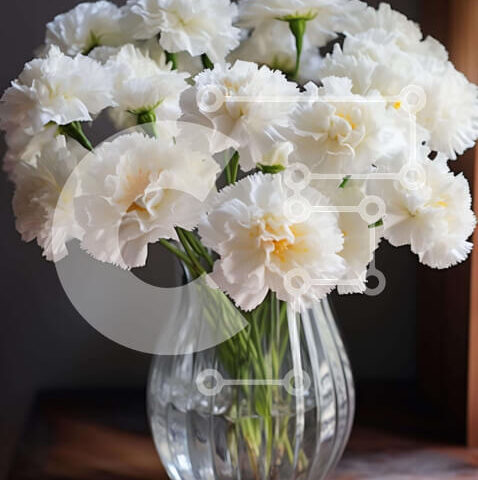 Intra Συλλεκτικό Ξύλινο Παζλ Plywood  4mm - Λευκά γαρίφαλα σε διαφανές γυάλινο βάζο στο τραπέζι Σε Ξύλινο Κουτί - Διαστάσεις Puzzle: 10x10 cm – 25 κομμάτια - Image 1