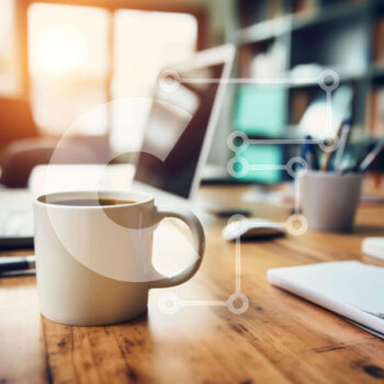 Intra Συλλεκτικό Ξύλινο Παζλ Plywood  4mm - Κούπα καφέ σε ξύλινο γραφείο με φορητό υπολογιστή και βιβλία Σε Ξύλινο Κουτί - Διαστάσεις Puzzle: 10x10 cm – 25 κομμάτια - Image 1