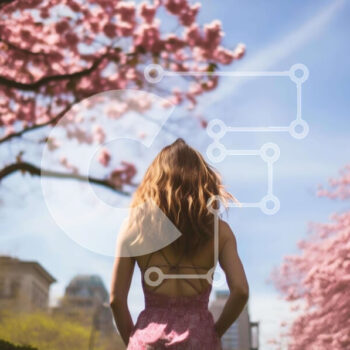 Intra Συλλεκτικό Ξύλινο Παζλ Plywood  4mm - Γυναίκα που περπατά στο πάρκο της άνοιξης με τα ροζ ανθισμένα δέντρα Σε Ξύλινο Κουτί - Διαστάσεις Puzzle: 10x10 cm – 25 κομμάτια - Image 1