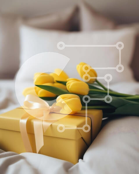 Intra Συλλεκτικό Ξύλινο Παζλ Plywood  4mm - Κίτρινο κουτί δώρου με τουλίπες και λουλούδια στο κρεβάτι Σε Ξύλινο Κουτί - Διαστάσεις: 10x10 cm – 25 κομμάτια